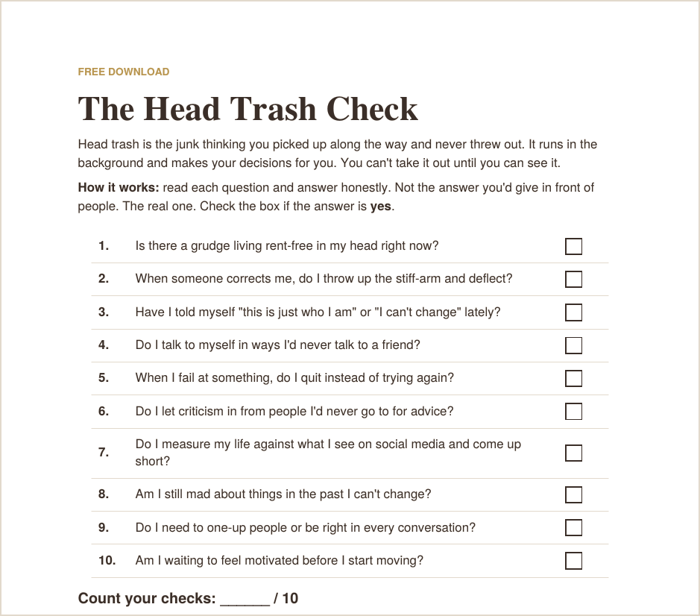 First page of the Head Trash Check: ten yes-or-no questions about how you really think.